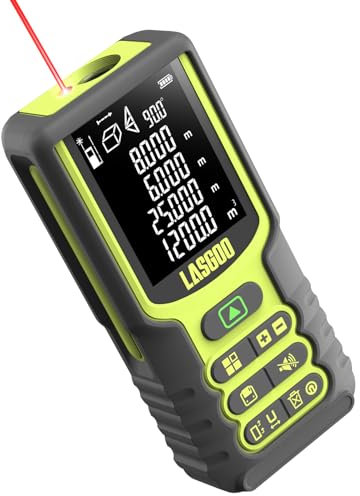 Laser Entfernungsmesser, LASGOO 100m/328ft Laser-Messgerät mit Winkelsensor, Ft/In/M, LCD-Hintergrundbeleuchtung, Längen-/Flächen-/Volumen-/Pythagoras-Modus, Batterie Inklusive