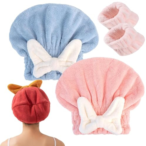 New Super Absorbent Hair Towel Wrap for Wet Hair, Microfiber Hair Towel Wrap for Women Long Hair, Hair Drying Towel, Plopping Towel Curly Hair with Face Wash Wristbands (Blue+Pink)