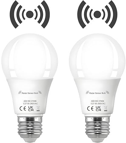 Vanpus Motion Sensor Light Bulb, E27 LED Light Bulb, Auto On/Off Radar Sensing Bulb, 9W Warm White (2700k),Dusk to Dawn Light Bulbs, Garages, Corridors, Courtyards, etc (2 Pack)