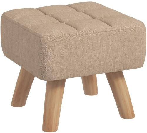 HOMCOM Modern Tufted Footstool, Linen Fabric, Rubber Wood Legs, Light Brown | Foot Stool, Padded Seat, for Living Room, Bedroom, Entryway