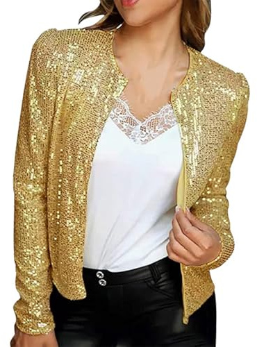Glitzer Jacke Damen Gold Fasching Pailletten Jacke Bomberjacke Strickjacke Kurz Offene Cardigan Langarm Bolero Dünne Ohne Knöpfe Paillettenjacke Bolerojacke Langarm Party Club Metallic Jacket