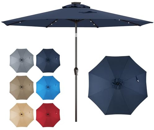GOPLUS Parasol de Jardin Exterieur 3M, Parasol Inclinable 8 Baleines, Lumineux Solaire 24 LED, Manivelle, Anti-UV, Grand Parasol en Métal pour Plage Balcon Patio (Bleu Foncé,φ 300CM | Lumière LED)