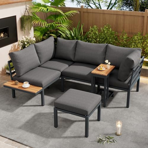 Merax Gartenmöbel-Set bestehend aus Sofa, Beistelltisch und Couchtisch (auch als Fußhocker nutzbar), gefertigt aus verzinktem Stahlrohr mit Tischplatte aus Kunststoffholz in Grau und Schwarz