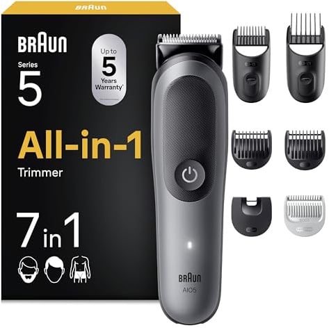 Braun Multigroom All-in-One Series 5, 7-in-1 Trimmer, AIO5520, Grau | Barttrimmer, Haarschneidemaschine für Gesicht, Kopf Und Körper, 14 Längen, 120 Min. Akku, Wasserdicht