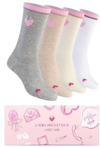 Lieblingsstück Socken Regular Damen - Geschenkox - Kulturtasche - 4 Paar | Crew Socken aus Baumwolle mit Glitzerbund - bequeme Strümpfe - Herz-Motiv - mit Geschenkbox oder Kulturtasche