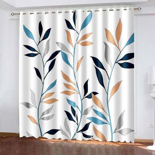 Lirzxin Gardinen Lichtundurchlässig 214 cm Lang, Verdunkelungsvorhang mit Ösen 2er Set Grau Blau Orange Wasser, Gras und Blätter Muster Vorhang für Wohnzimmer Schlafzimmer, 86x214 cm(BxH)