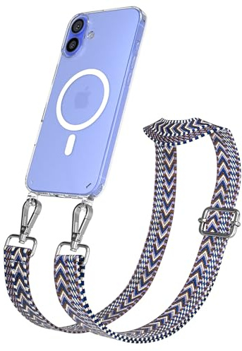 EAZY CASE Handykette - Verstellbares Taschenband kompatibel mit iPhone 16 Plus, Schulterriemen, Handykordel mit Silikon Hülle, Qi Charging kompatibel, Umhängetasche, Blau Weiß Silber