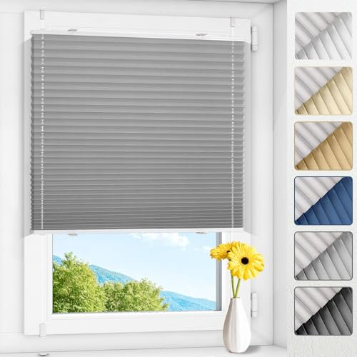 Allesin Plissee ohne Bohren verdunkelung Klemmfix Hellgrau 35x120cm(BxH), Plisseerollo 100% Lichtdicht & Blickdicht Thermo Verdunklungsplissee mit Sichtschutz & Sonnenschutz für Fenster & Tür