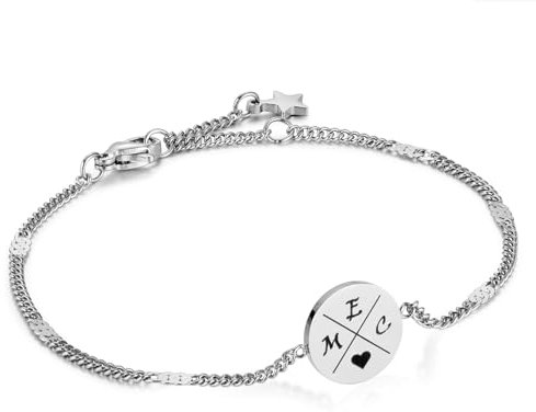 MeMeDIY Personalisiertes Kompass Armband mit Buchstaben Symbole Damen Freundschaftsarmband mit Gravur Initialen Silber Gold Roségold Schmuck Geschenk für BFF Schwesterherz Mutter Tochter -Silber