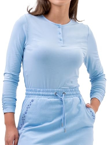 Enorsia Womens Grey Henley T-Shirt Long Sleeve Slim Fit Crew Neck Top with Button Detail – Soft Viscose Casual Everyday Basic Tee for Layering or Standalone Wear Women's Long Sleeve Tops