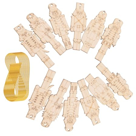 SOLUSTRE 12stücke Teiliges Holz Nussknacker Weihnachtsdeko Anhänger Mit Löchern Und Goldfarbenem Faden Zum Bemalen Und Basteln Naturbelassene Christbaumschmuck Holzanhänger Für DIY Weihnach
