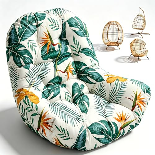 joomie Egg Swing Chair Cushion Replacement Waterproof 120x84x18 cm Thicken Outdoor Patio Hanging Basket Chair Cushions Removable Pad with Ties for Garden Cocoon Egg Hammock Chair, Yellow-Green Leaf
