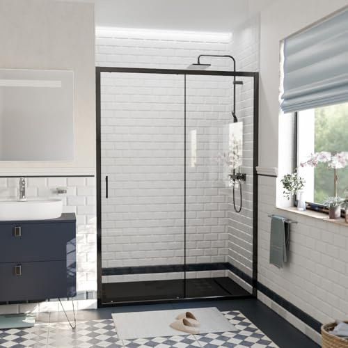 CERAMIA Pura Porte de Douche 140x195 cm Coulissante | Verre trempé 6 mm anticalcaire | Profiles Noir Mat | Installation facile