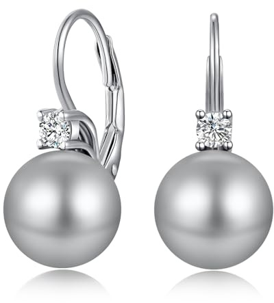Boucles d'oreilles Pendantes Leverback Perles Argent Sterling 925 Bijoux Perles Zirconium Perle Gris clair 10 mm