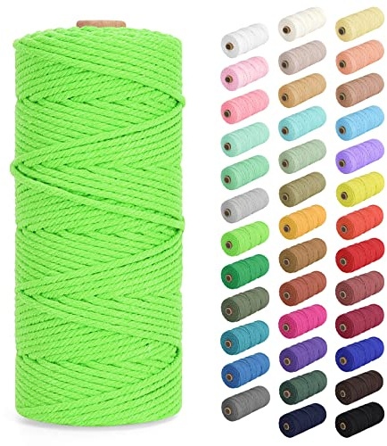 Makramee Garn 3mm x 100m, Baumwollkordel Farbig Baumwollgarn Geflochten Baumwollseil, Natürliche Baumwollschnur für Makramee Wandbehang, Blumenampel, Vorhang und Mehr DIY Deco, Grasgrün