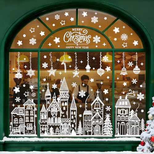 Christmas Window Stickers Reusable Large,108 PCS Houses Christmas Decorations Windows Clings Decals Double Sided,Winter Xmas Window Stickers White Village Snowflake for Shop Indoor Scene Glass Display