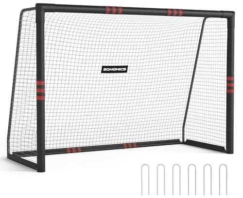 SONGMICS Porta da Calcio, per Tutte le Età, in Acciaio, Rete in PE, per Esterni, Giardino, Spiaggia, 120 x 300 x 200 cm, Rivestita in Gommapiuma, Nero SZQ301RZ02