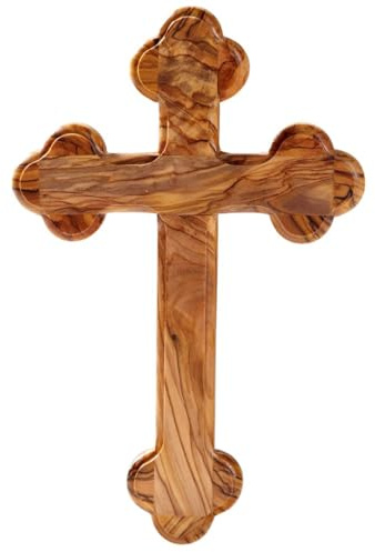Kassis Geschenkartikel Olivenholz Kreuz Kruzifix Wandkreuz schlicht mit runden Kanten zum Aufhängen aus Bethlehem zur Firmung, Taufe, Kommunion (Ohne Gravur, 28L x 18,5B cm)