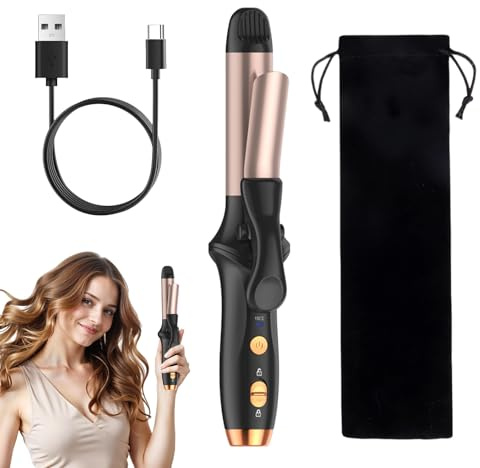 Cordless Curling Wand Mini Hair Curler, 25mm Curling Tong, Portable Travel Curling Tongs with 3 Temperature Heating Levels 150°C to 180°C Verbrühschutz for Long Short Medium Hair(Rose Gold & Black)