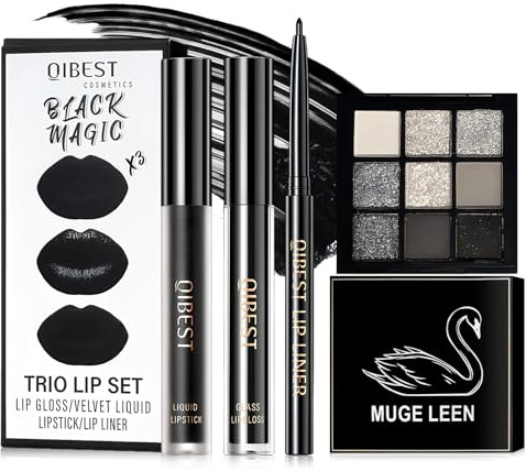 4 Pezzi Set Trucco Gotico, Palette Ombretti Nero Smokey 9 Colori | Nero Opaco Rossetto Liquido, Matita Labbra, Impermeabile e a Lunga, per Halloween Carnevale