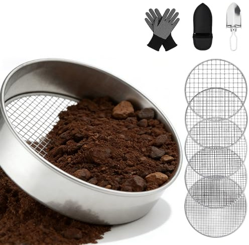 GOMETY Colino da giardino in acciaio inox 5 in 1, colino per compost rotondo, 20 cm, con 5 inserti intercambiabili Ø 3/6/9/10/12 mm, filtro per terra per compost di terra, con paletta da giardino e