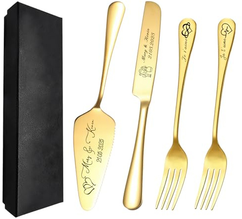 FKF Mariage Couteau à Gâteau Personnalisé et Ensemble de Serveur Ensemble de Couteaux à Gâteau de Mariage Personnalisés avec Gravure pour Anniversaire Mariage Cadeau (or)