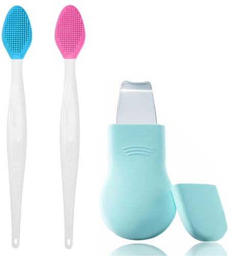ZOMKIFA Set rimuovi punti neri silicone naso, 2 spazzole pulenti pori spatola viso acciaio inox, pulizia profonda schiaccia brufoli, portatile per uomo donna skincare