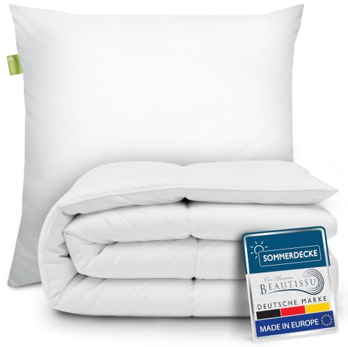 Beautissu Sommer Bettdecke und Kissen Set Allergiker Sommerdecke Bettzeug | Sommerbettdecke 135x200 leicht & Kopfkissen 80x80 Schlafdecke Steppdecke waschbar Grad BeauNuit SD & NK
