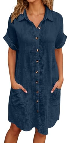 Robe Chemise été Femme Chic et Elegant Robe Boutonnée Devant Femme Décontractée Robes en Lin Col en V Casual Robes de Plage à Manches Courtes A-Line Boheme Bikini Cover Up Cache-Maillots