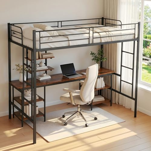 DazzlerE Bunk Bed with Desk Underneath, Metal Single Bed Frame for Kids, Teens and Adults, High Sleeper Bed with Desk, Shelves and Safety Guardrail, 2 Ladders, Black
