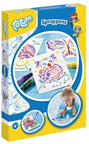 Totum 20665 Sprühstifte Kreativ-Set mit verschiedenen Schablonen, 5 bunten Sprühstiften und 1 Malblock