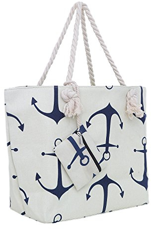 DonDon Strandtasche XXL mit Reißverschluss - Umhängetasche Damen, Shopper Tasche Damen im Beach Look mit Schulterriemen - Urlaub Must Haves Beach bag - Anker beige blau