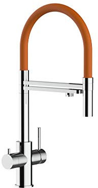 Rubinetto cucina 5 vie ACCIAIO INOX lucido per sistemi acqua gasata/aromatizzata e filtro depurazione - canna acqua filtrata girevole e doccia 2 getti movibile per acqua di linea (Arancione)