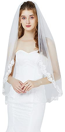 BEAUTELICATE Brautschleier Schleier Spitzenborte Für Braut Hochzeit Softtüll Weiß Ivory Lang Kurz Mit Metall Kamm 1 Schicht V79