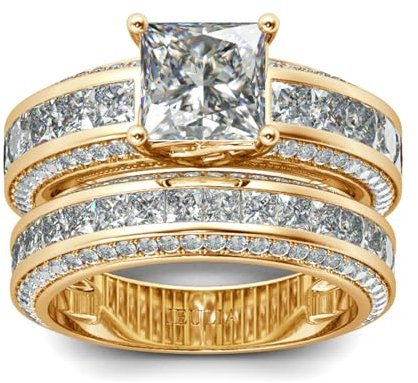 Jeulia Damen Sterling Silber Ringe Set Prinzess-Schliff 4-Prong Diamant Ringe Set Schmuck für Braut Hochzeit Band Verlobungsring Trauring Ehering (Vergoldet, 51 (16.1))