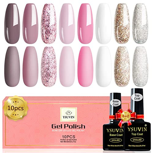 YSURE Gel Nail Polish Set with Top Coat and Base Coat, 10 PCS Nude Pink White Pink Brown Glitter Gold Siver Gel Nail Polish Soak Off UV Gel Polish for Newcomer Manicure Salon,8ml