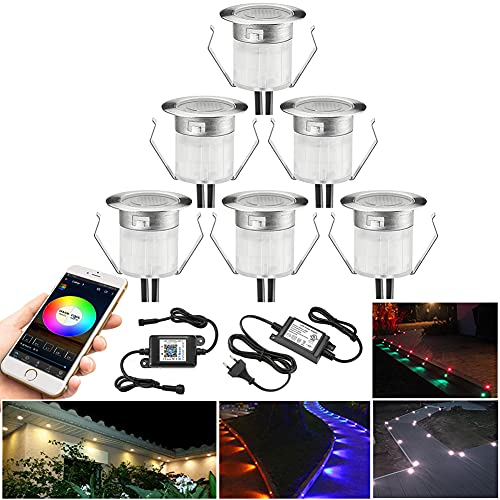 6er Led Bodeneinbauleuchten Aussen RGBWW, Bluetooth Ø31mm Dimmbar Led Bodeneinbaustrahler Bodenspots Terrassen Einbaustrahler Außen, DC12V 0.5W IP67 Wasserdicht Terassenbeleuchtung (RGB + Warmweiß)