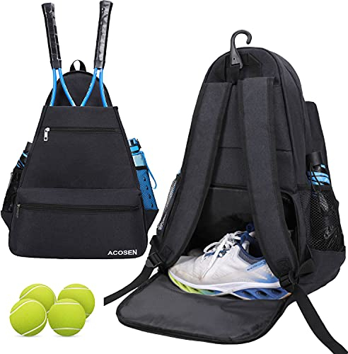 ACOSEN Tennistasche Tennisrucksack – Tennistaschen für Damen oder Herren für 2 Tennisschläger, Pickleball-Paddel, Kleidung und Bälle, Separates belüftetes Schuhfach (Schwarz – B)
