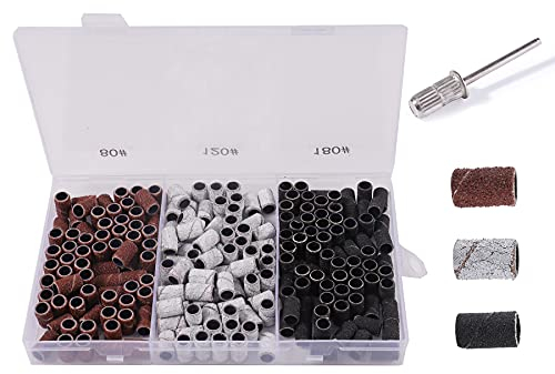 BNG Schleifhülsen Nagelfräser 210 Stück SchleifbäNder Mit 80/120/180 Grit Schleifkappen ManiküRe Pediküre Set Mit Box, Nail Art Schleifband Mit 1 StüCk 3/32 Zoll Nagelbohrer