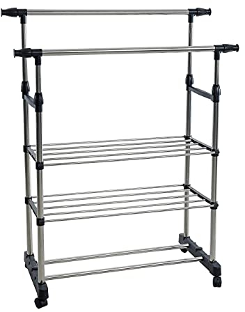 ESTEXO Garderobenständer Kleiderständer Kleiderstange Wäscheständer Rollenständer Rollgarderobe Metall Ablage ausziehbar mobil 80-150x43x90-160 cm