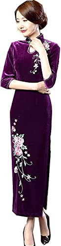 Lazutom Qipao Robe chinoise longue en velours brodé pour femme, violet, 42