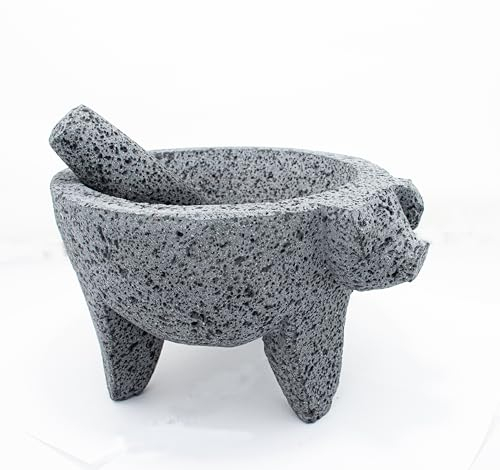 YOPIDO Mortero Molcajete de 9 pulgadas con diseño de cerdo, hecho a mano mexicano con lava de calidad ideal como tazón de hierbas, molinillo de especias, piedra volcánica