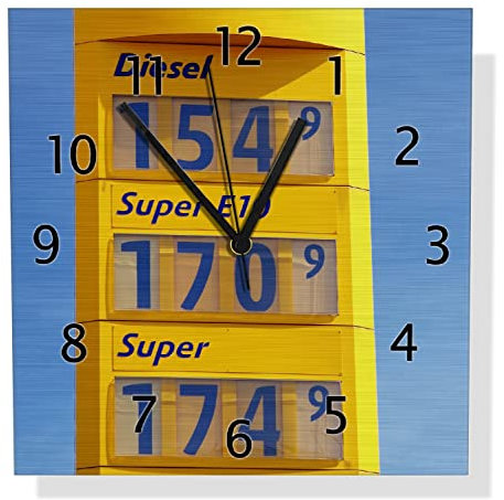 Wallario Design Wanduhr Benzinpreistafel aus Aluverbund, Alu-Uhr Größe 30 x 30 cm, Schwarze Zeiger mit Metalloptik