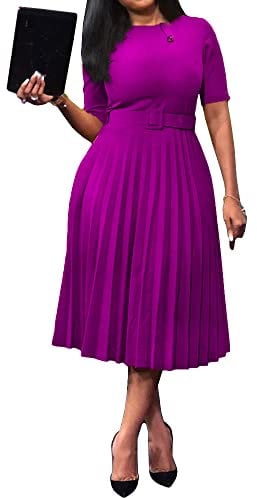 VERWIN Kurzarm-Maxikleid für Fraün mit rundem Hals, Plissee-Kleid mit glattem Gürtel (X-Large, Violett)