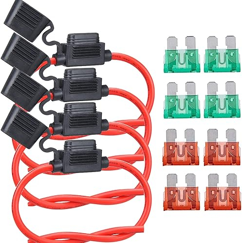 Gebildet 4pcs 32V Portafusibles a Prueba de Agua 12AWG, Portafusibles de Hoja ATO en Línea con Tapa, Enchufe Estándar con Fusible de Hoja Mediana 4pcs 30A + 4pcs 40A