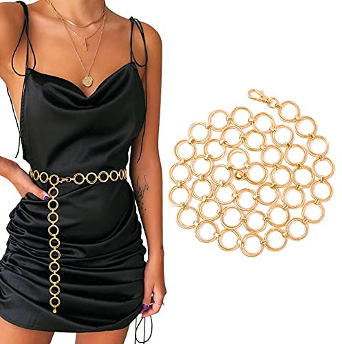 WERFORU Ladies Adjustable Waist Chain Belt Party Dress Metal Link Charm O-ring Chain Belt for Women Girls Gold