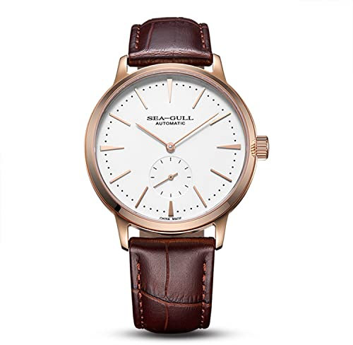 SEA-GULL 2022 Seagull Watch Small Second Hand Mens Watch Automatic Men's Wristwatch Leather Strap 6075, Weißes Zifferblatt/goldene Lünette, Armband