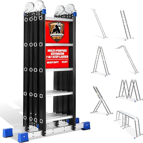 Step Ladder, Bryner Folding Ladder 19.6ft Multi-Purpose Aluminium Extension Ladders, 7 in 1 Folding Adjustable Telescoping Step Ladder 530lbs