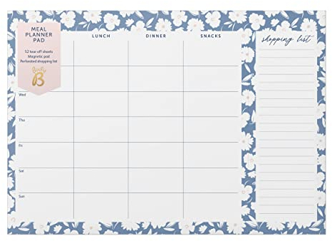 Busy B - Bloc Planificateur de repas - Planificateur de repas hebdomadaire à pages détachables et listes de courses avec deux aimants - Florale