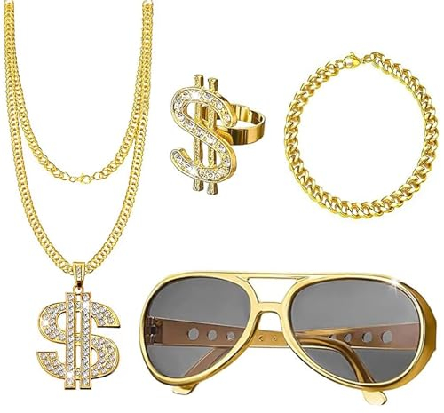 SOETDERT 4St Dollar Kette Hiphop Kostüm Set, 80er 90er Jahre Accessoires Retro Outfit, Herren Zuhälter Kostüm, Goldkette Dollar Ring Rapper Kostüm, Mottopartys Fasching Karneval Accessoires